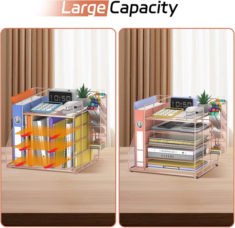 ReePlan Rose Gold Desk Accessories, 5-Tier Desk Organizer with Magazine Holder, Paper Organizer with Pen Holder for Home, Office or School Supplies - Image 5